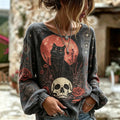 Women's Retro Gothic Style Witch Black Cat Skull Red Moon Print Dark Bohemian Linen Top
