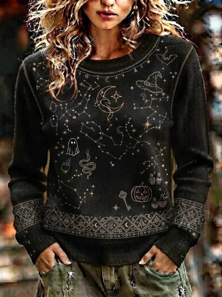 Women's Casual Crewneck Knit Sweater In Black With Constellation, Celestial Motifs, Ghost, And Pumpkin Print