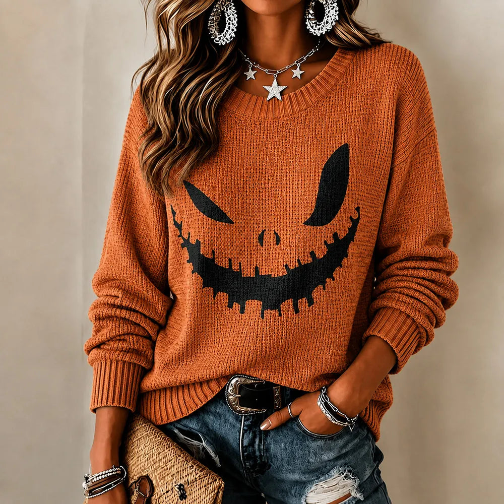 Women's Halloween Pumpkin Ghost Face Art Casual Crewneck Sweater
