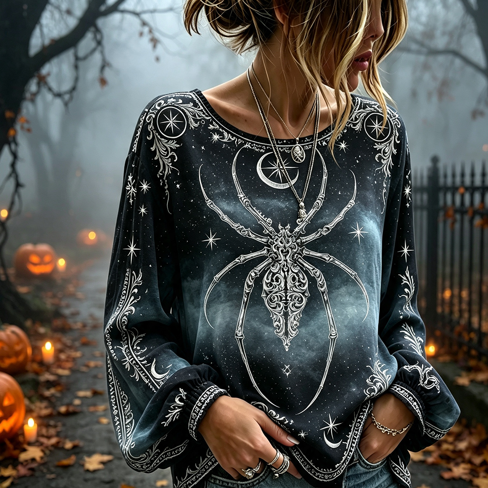 Women's Crewneck Pullover Sweatshirt With Large Gothic Spider And Celestial Moon & Star Print