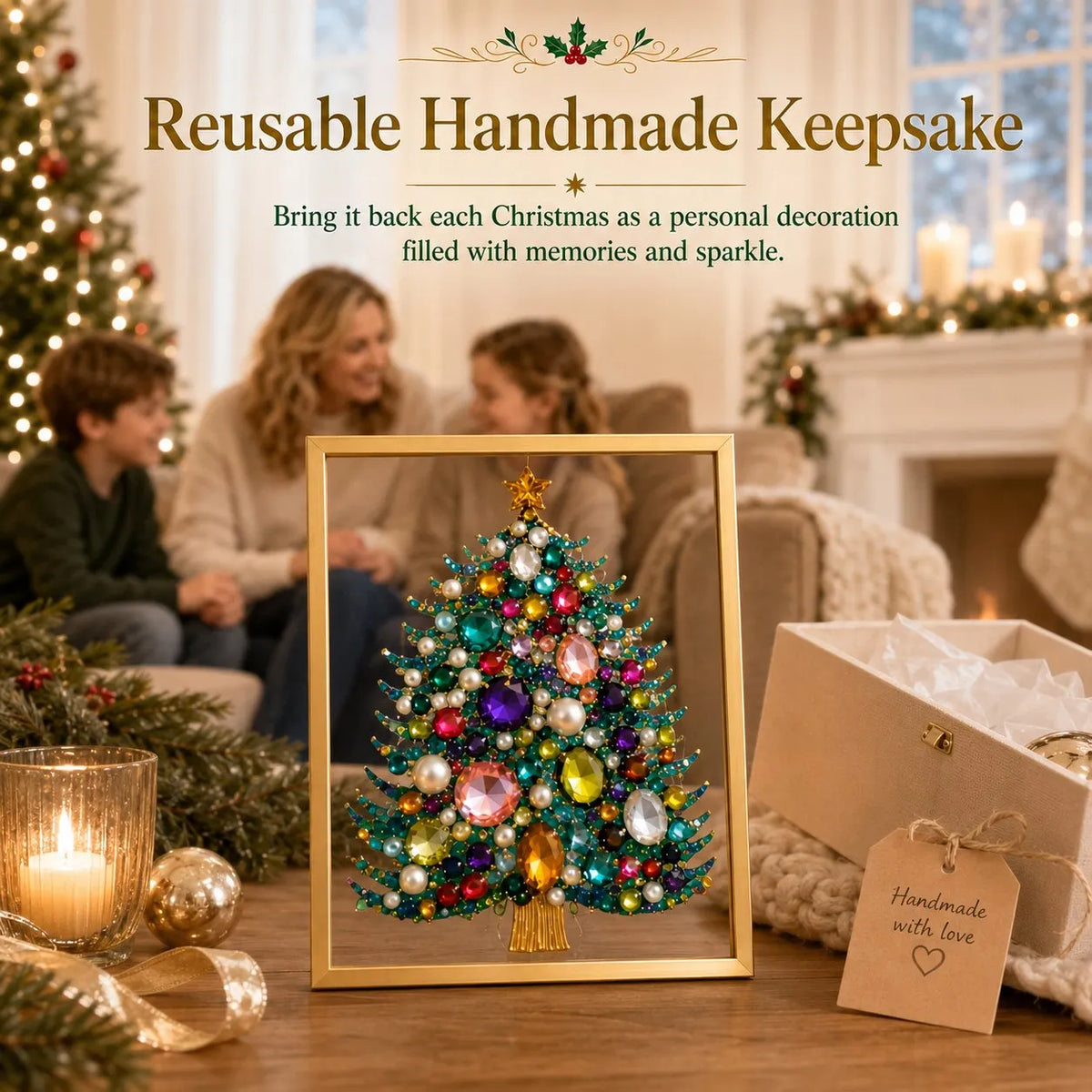 🔥 LAST DAY 49% OFF – 🎄 DIY Jeweled Christmas Tree Art Kit | Colorful Gems, Pearls, Paints & Gold-Tone Floating Display Frame 💎✨