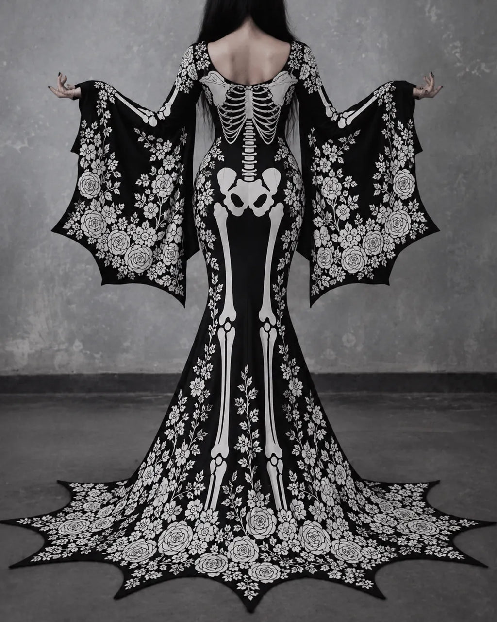 Women's Gothic Skeleton With White Roses Batwing Flare Sleeve Round Neck Bodycon Maxi Dress – Halloween Costume