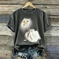 Women's Halloween Ghost Cat Print Crew Neck T-shirt