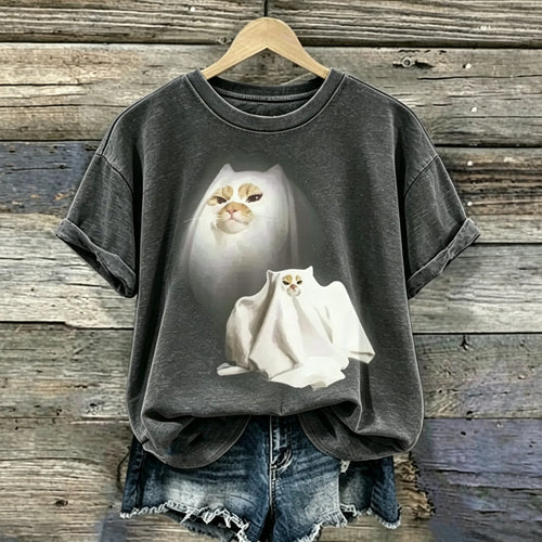Women's Halloween Ghost Cat Print Crew Neck T-shirt