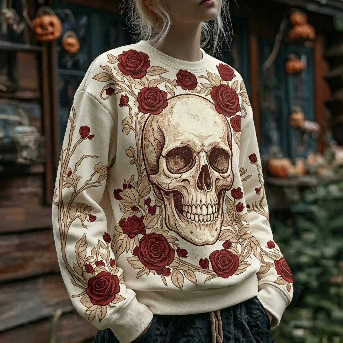 Women's Retro Halloween Skull And Floral Print Crew Neck Sweatshirt
