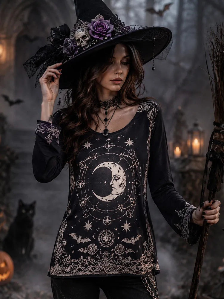 Women's Halloween Moon Bat Casual T-shirt