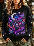 Women's Casual Crewneck Knit Sweater In Black With Cosmic Crescent Moon, All-seeing Eye, Moths, And Nebula Print
