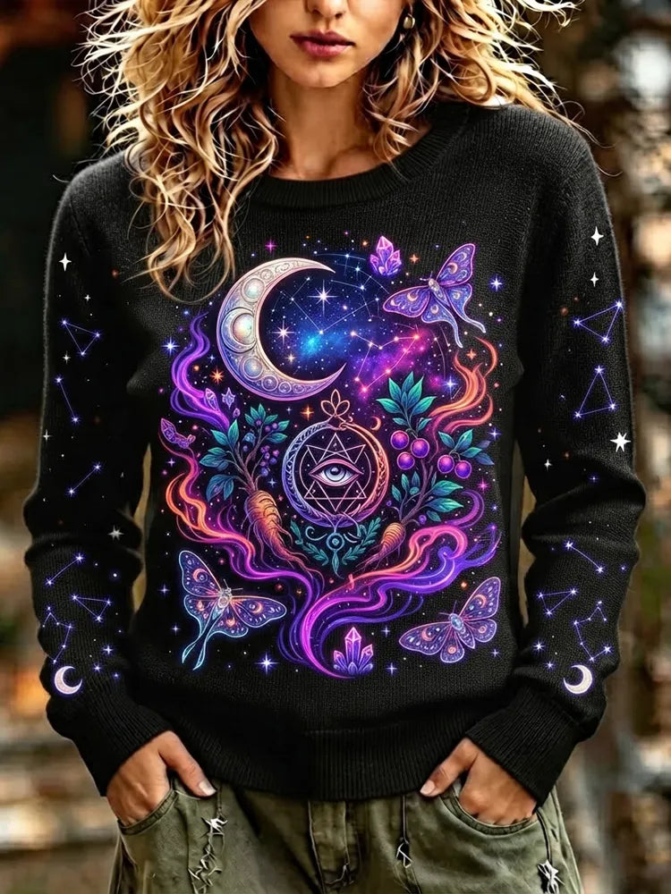 Women's Casual Crewneck Knit Sweater In Black With Cosmic Crescent Moon, All-seeing Eye, Moths, And Nebula Print