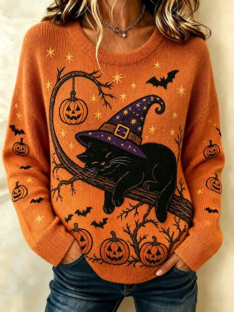 Women's Retro Halloween Lazy Black Cat Print Cozy Knit Crew Neck Sweater