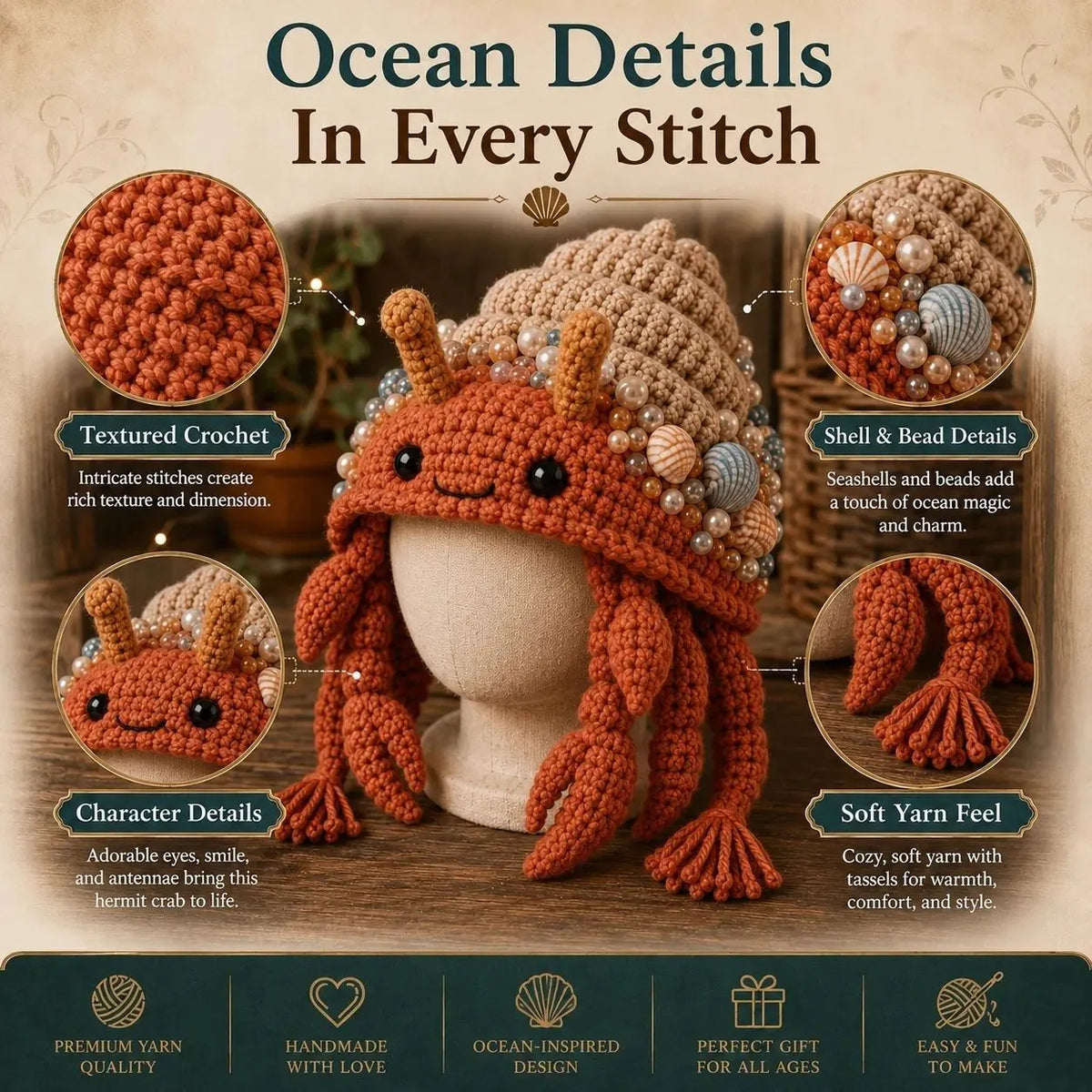 🔥 LAST DAY 49% OFF – 🌊✨ Ocean Series Hood Hat DIY Crochet Kit | Premium Soft Yarn Materials with Step-by-Step Guide DIY Handmade Wearable Ocean Character Hood 🧶🎭✨