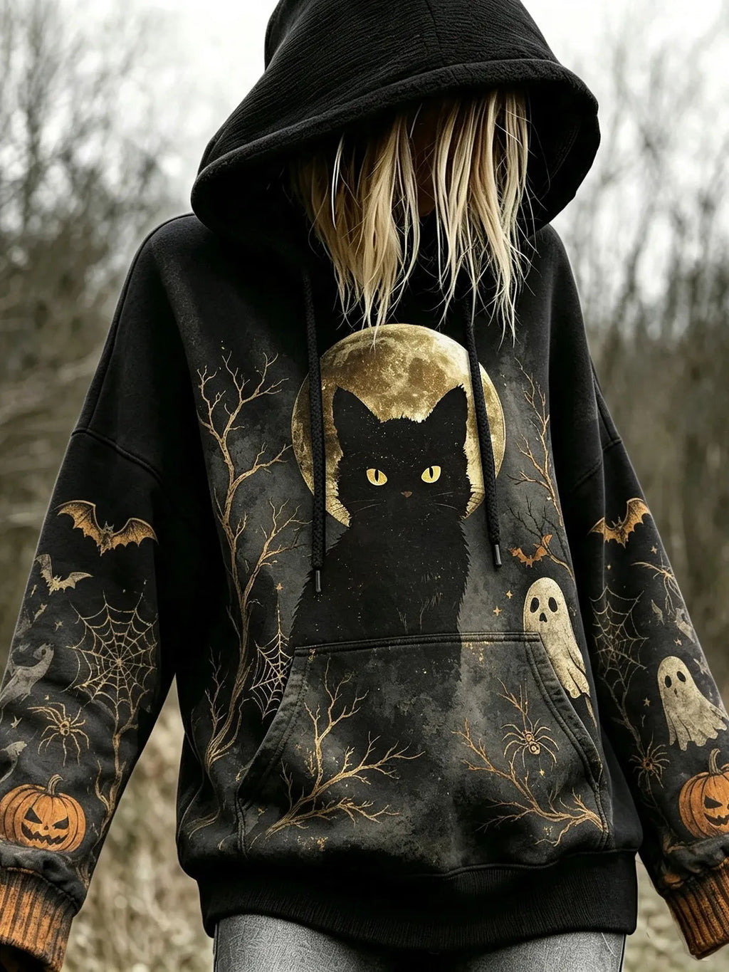 Women's Black Cat Moonlit Night Halloween Design Hoodie