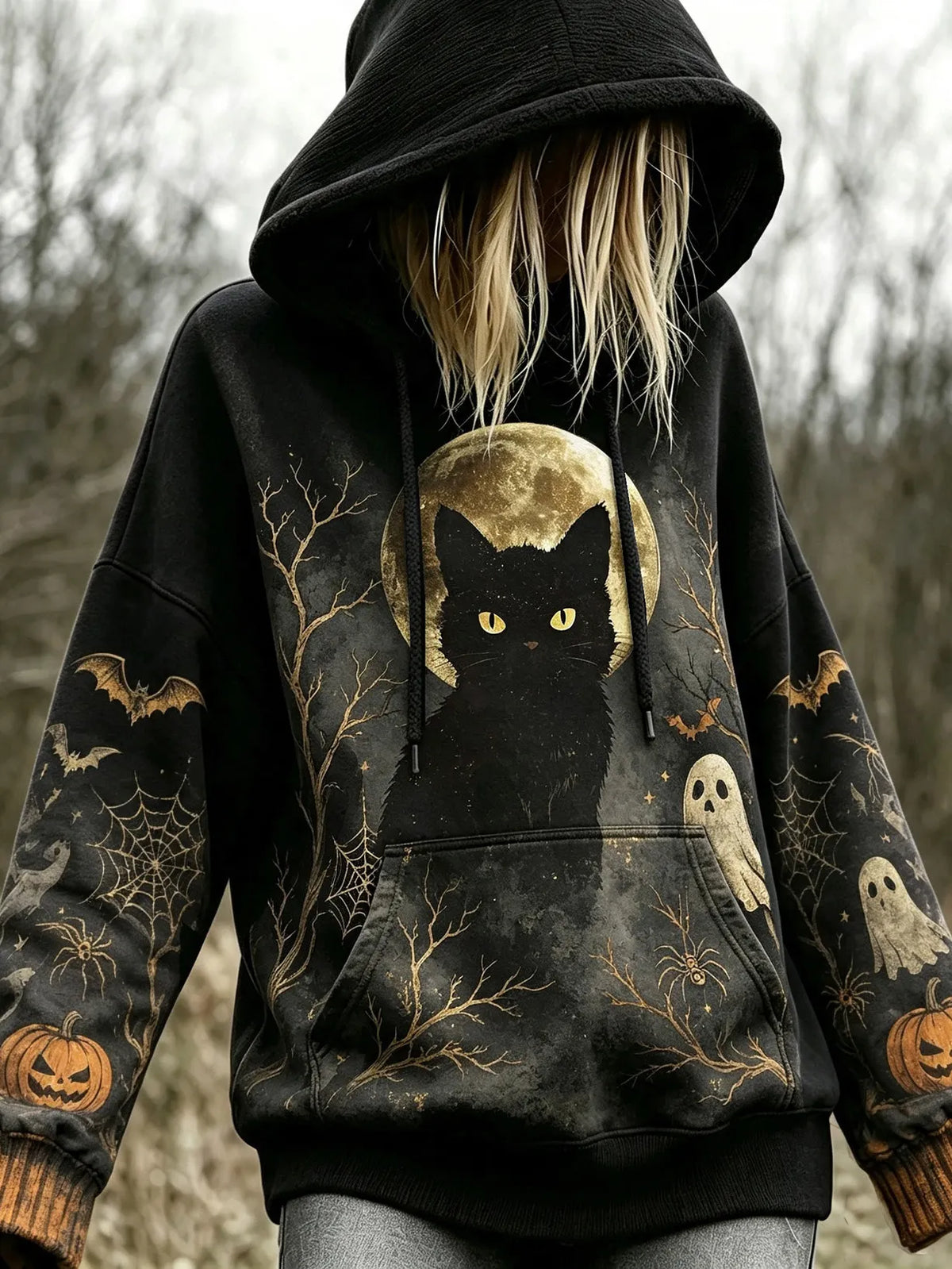 Women's Black Cat Moonlit Night Halloween Design Hoodie