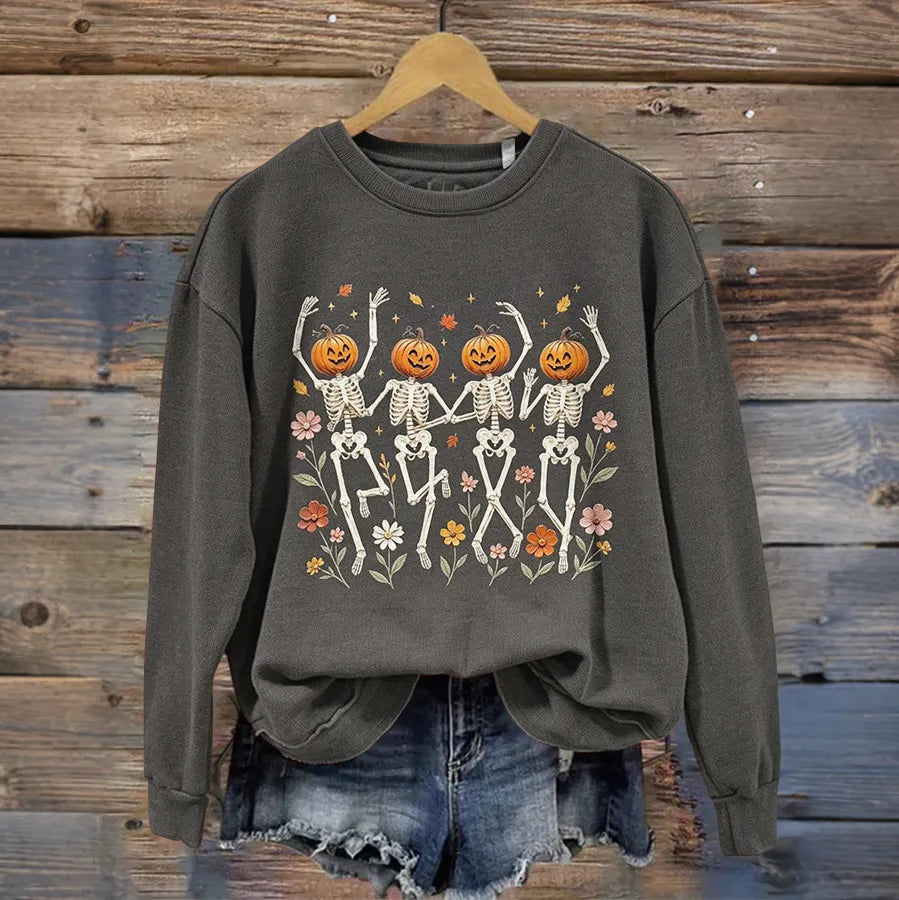 Women's Retro Halloween Pumpkin And Skeleton Art Print Casual Sweatshirt