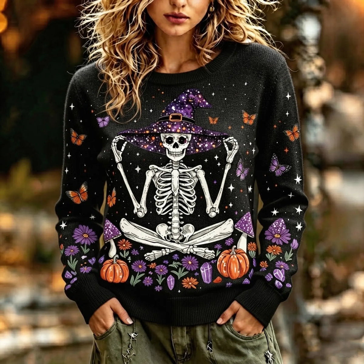 Vintage Witch Skull Halloween Weird Mushroom Butterfly Pumpkin Print Crew Neck Sweater