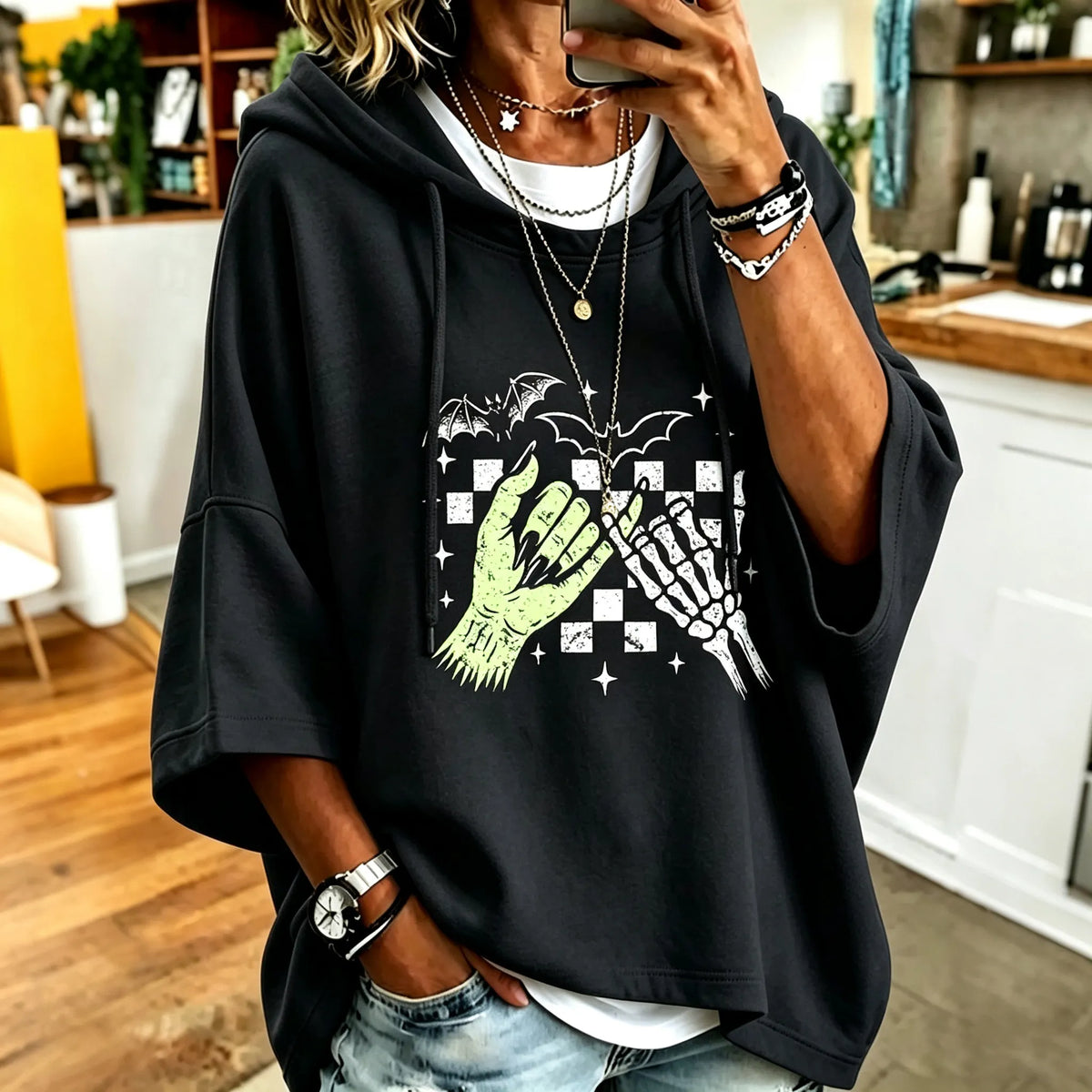 Women's Retro Halloween Themed Print Casual Hooded Sweatshirt
