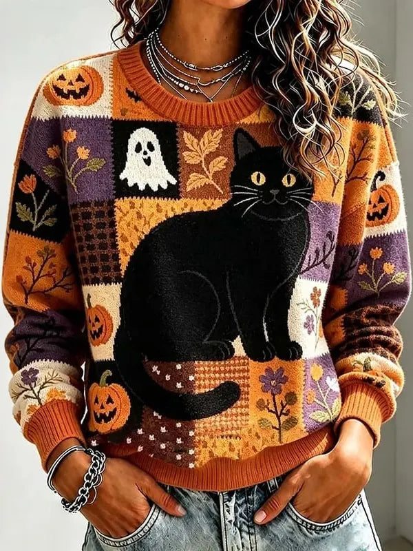 Women's Retro Halloween Black Cat And Pumpkin Ghost Knit Crew Neck Sweater