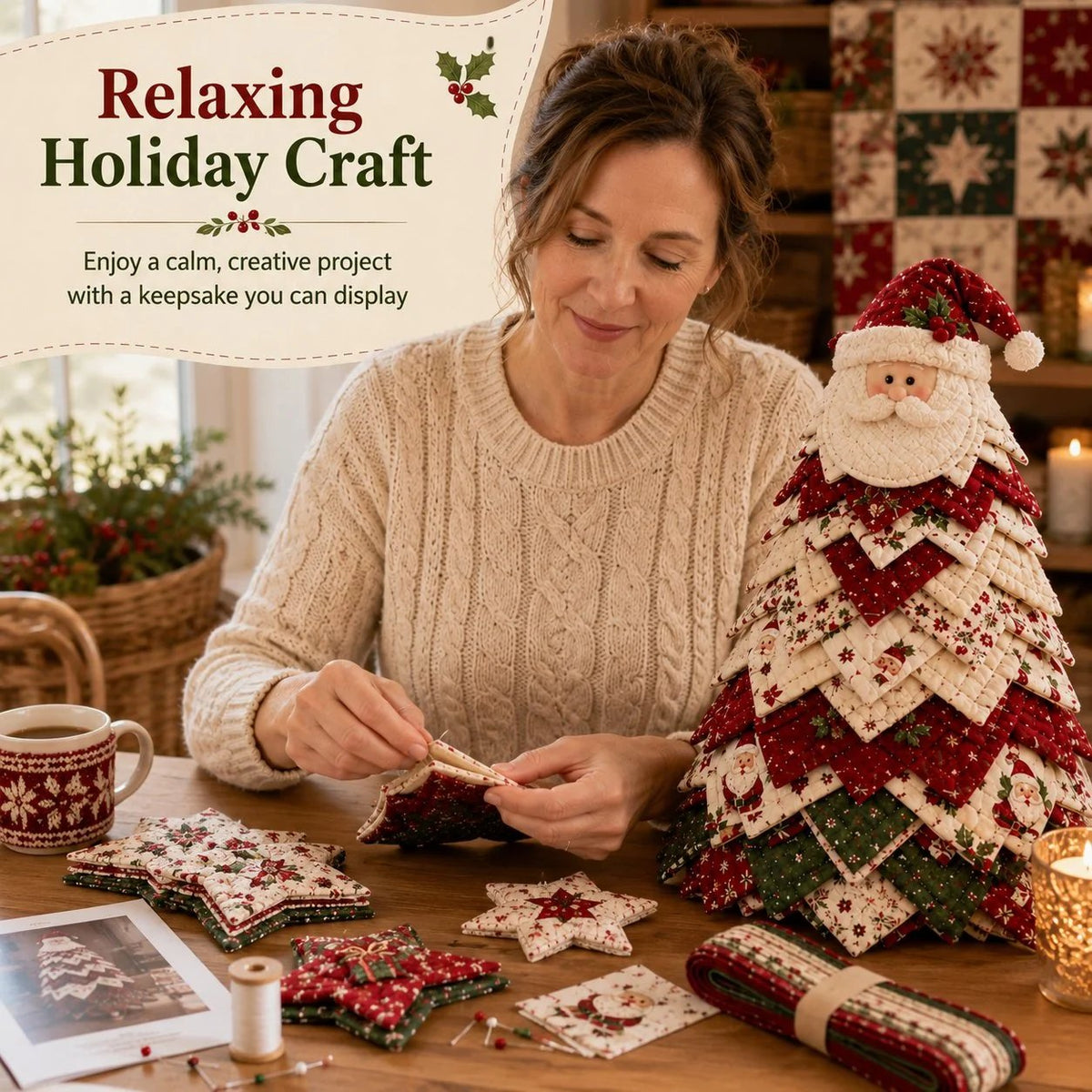 🎉🎄DIY Quilted Santa Christmas Tree Kit – Handmade Fabric Holiday Tabletop Tree Decor