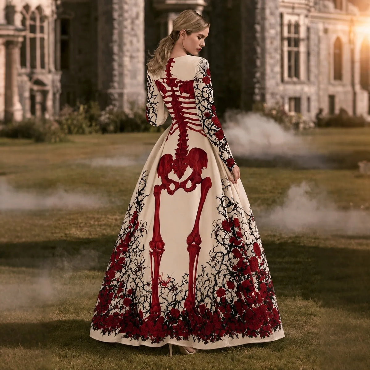 Women's Vintage Halloween Bones And Roses Art Print Long Sleeve Maxi Dress