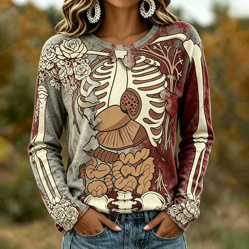 Women's Vintage Anatomical Skeleton And Roses Art Printed Long Sleeve T-shirt