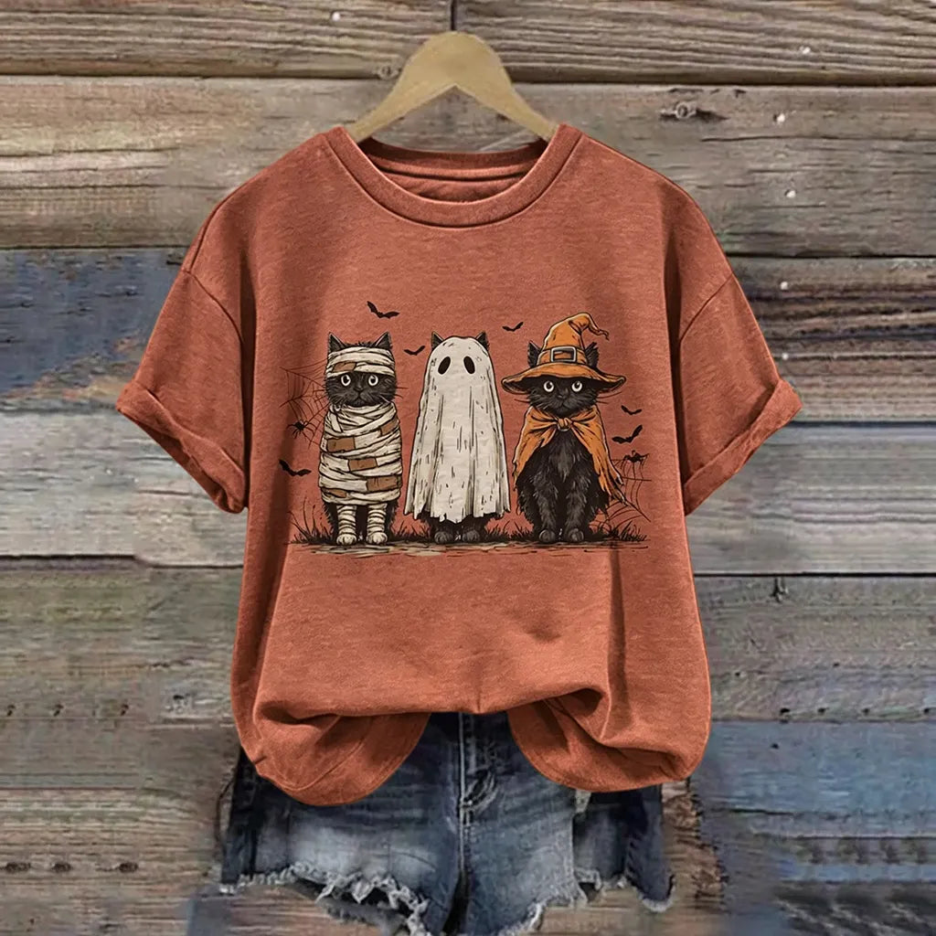Women's Retro Halloween Funny Cat Pattern Casual T-shirt