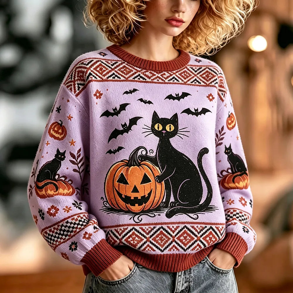 Women's Halloween Cat And Pumpkin Graphic Long-sleeve Knit Sweater