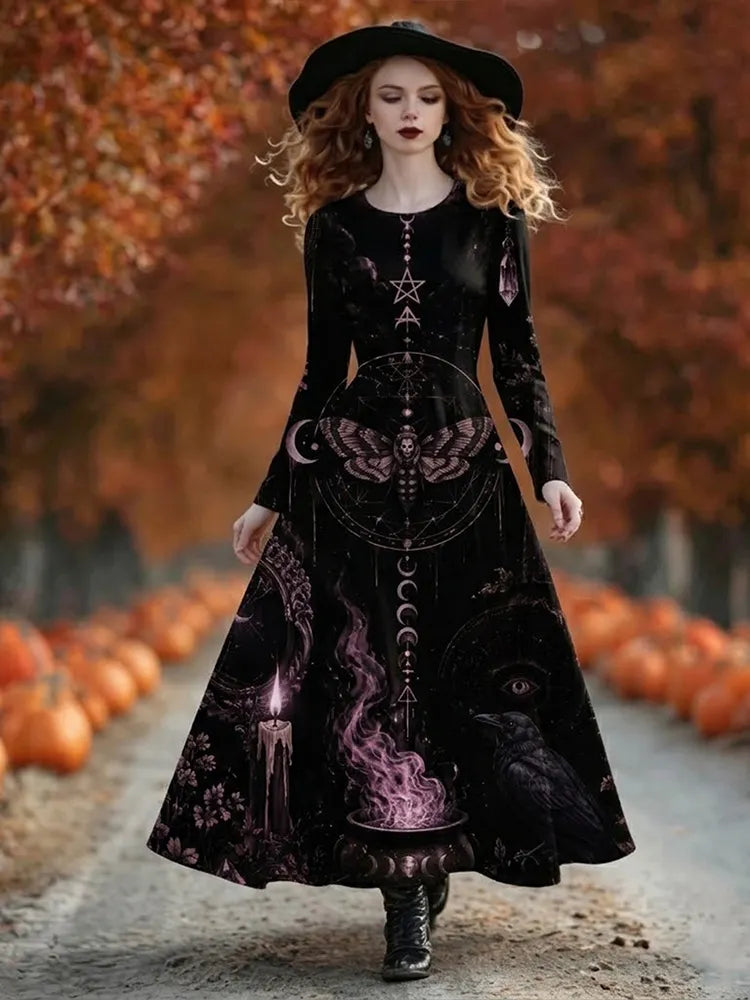 Women's Gothic Witch Mystic Moth Moon Raven Print Long-sleeved A-line Dress