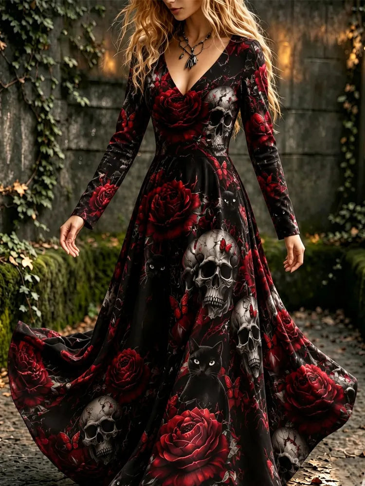 Women's Gothic Halloween Rose Skull Cat Print Long Sleeve Dress