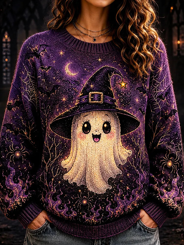 Women's Halloween Cute Ghost In Witch Hat Graphic Knit Sweater - Purple Spider Web & Star Pattern