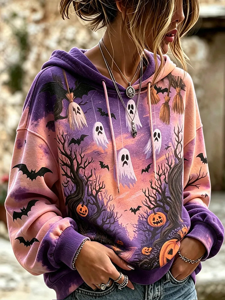 Women's Ghost & Pumpkin Print Hoodie - Halloween Haunted House Graphic Oversized Sweatshirt
