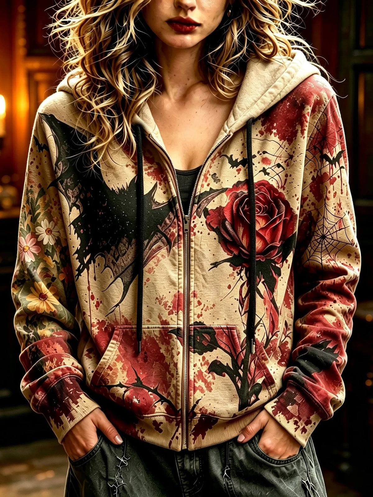 Women's Retro Halloween Bat And Rose Print Sweatshirt Jacket