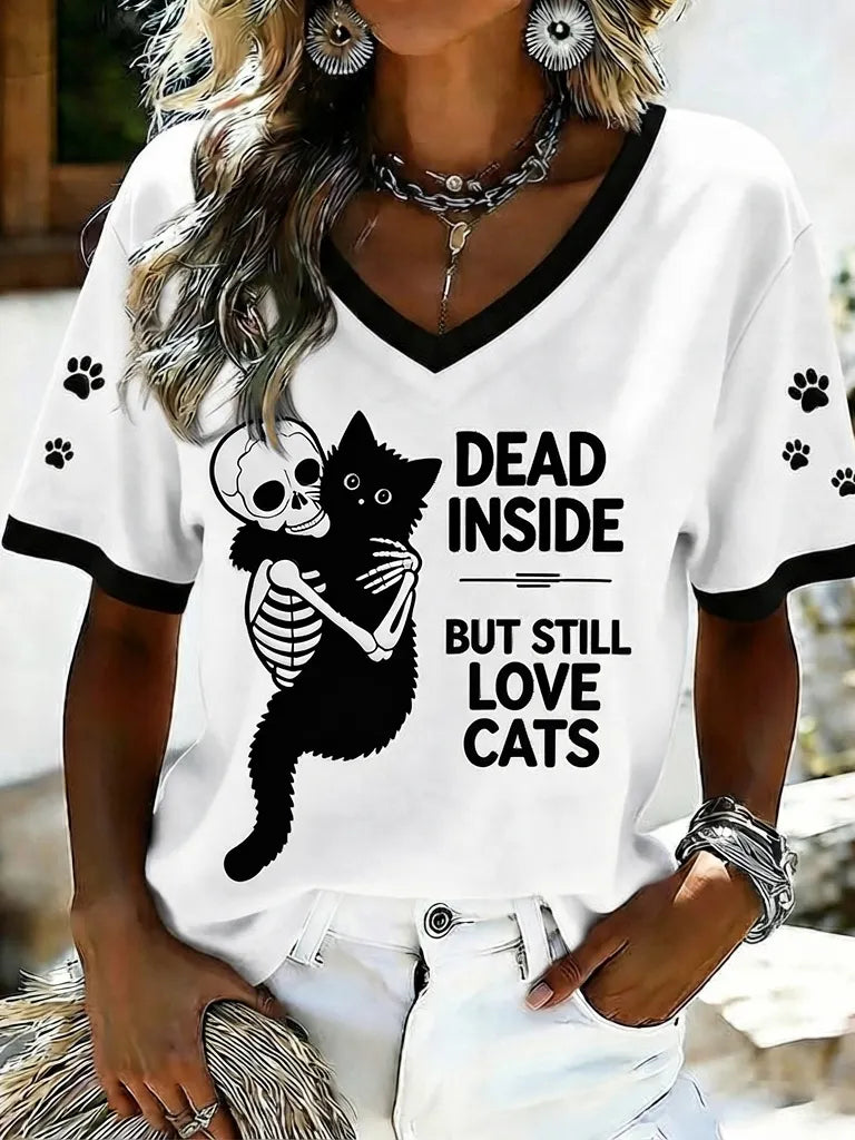 Women's Dead Inside But Still Love Cats Halloween Printed V-neck T-shirt