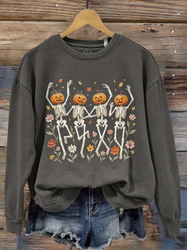 Women's Retro Halloween Pumpkin And Skeleton Art Print Casual Sweatshirt