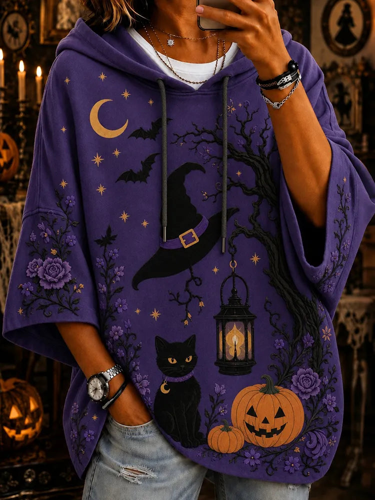 Women's Halloween Black Cat Art Print Casual Hoodie