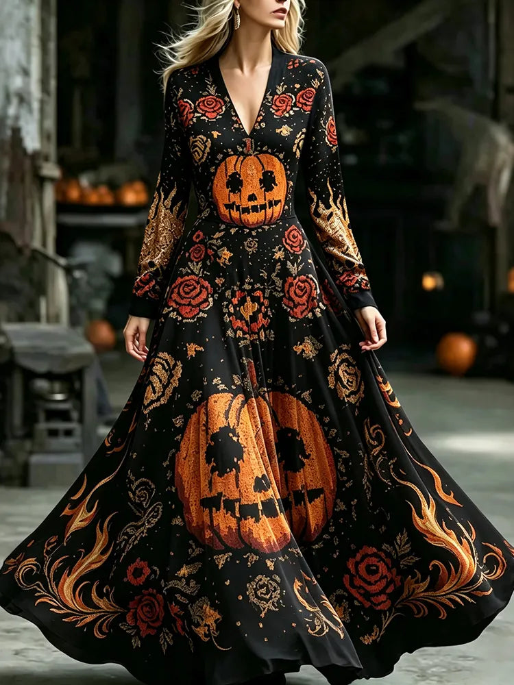 Women's Retro Halloween Pumpkin Floral Print V-neck Long Sleeve Dress