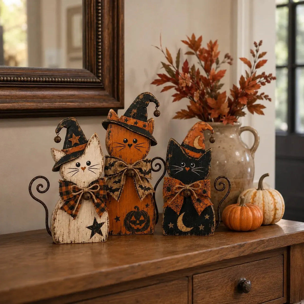 Vintage Halloween Witch Cat Decor Set