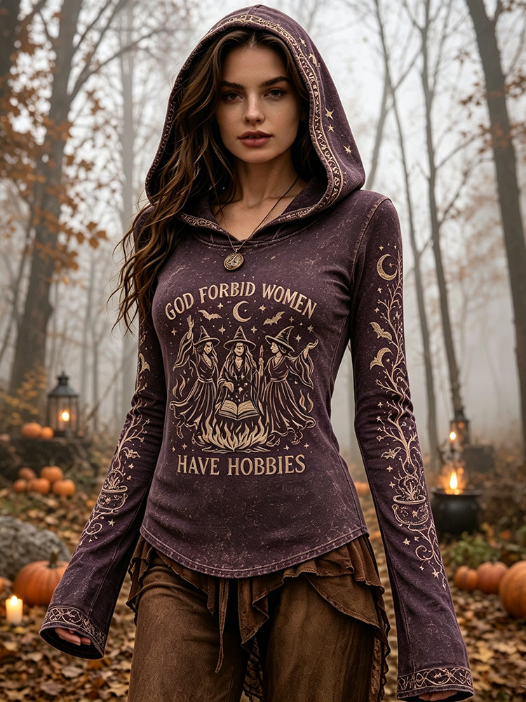 Women's Retro Halloween  Letter Sun Moon Plant Bat Print Hoodie