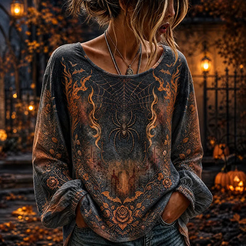 Women's Long Sleeve T-shirt Featuring Spiderweb, Giant Spider, And Rose Design