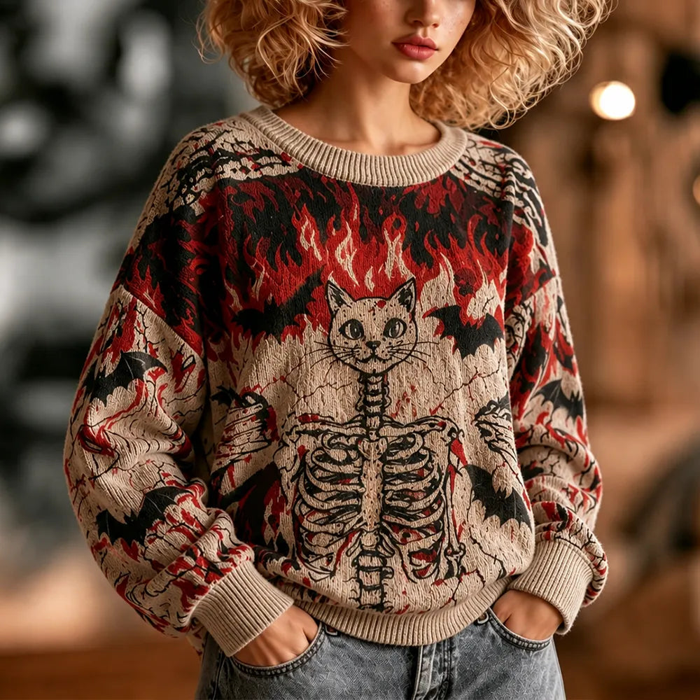 Women's Crewneck Knit Sweater Featuring Skeleton Cat And Flame Patterns
