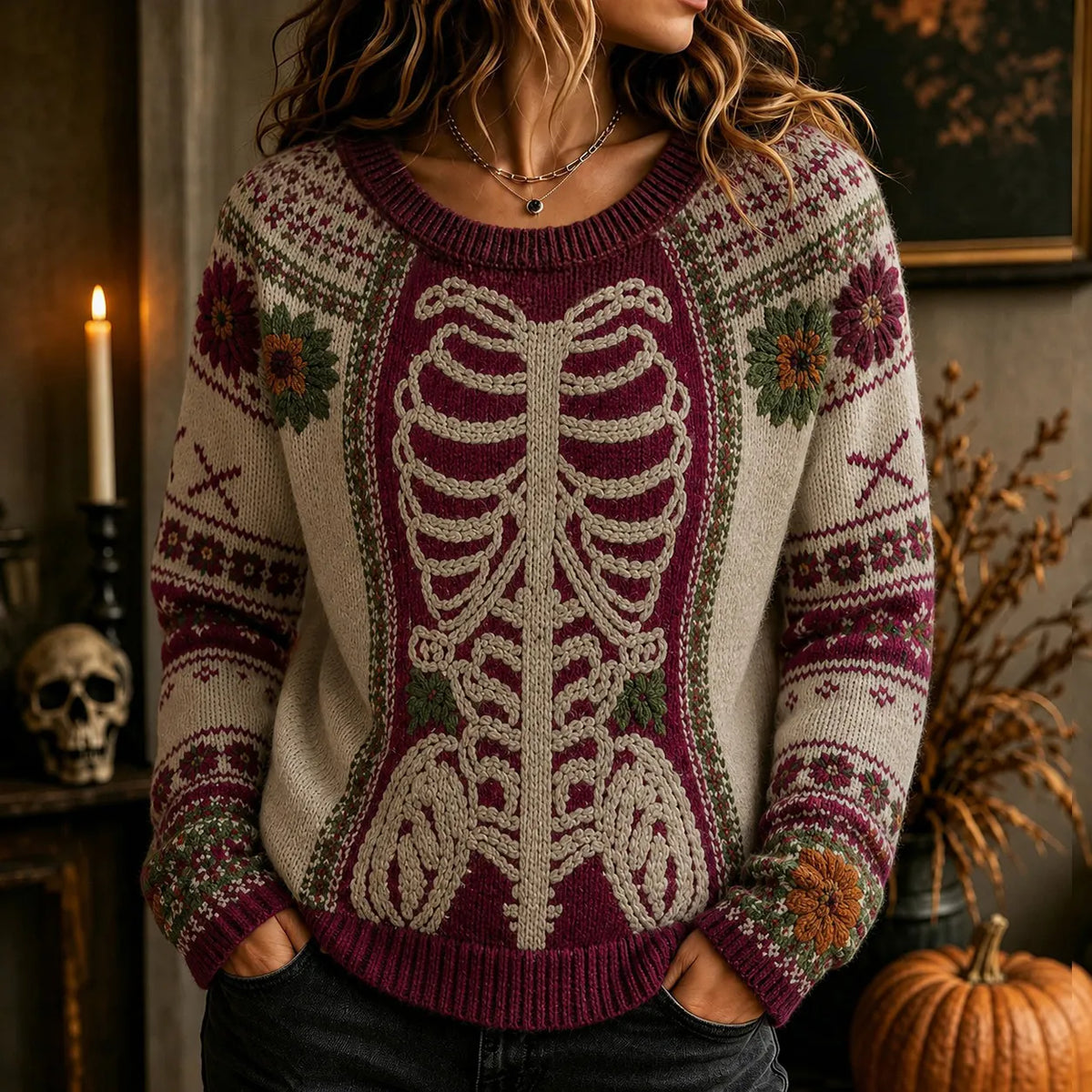 Women's Retro Halloween Human Body Floral Knit Crew Neck Sweater
