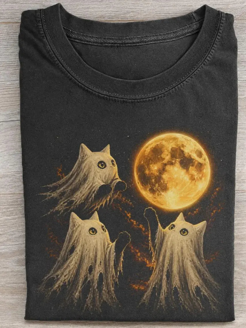 Abstract Creative Ghost Cat Halloween Art Casual T-shirt