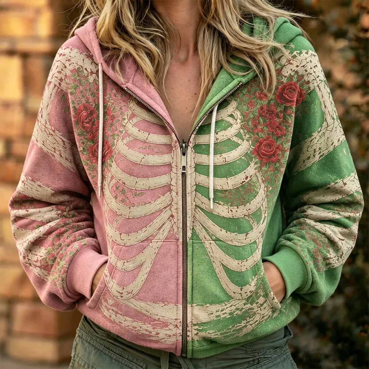 Women's Retro Halloween Human Structure Art Gradient Pattern Zipper Hoodie