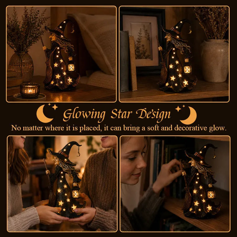 Starlight Witch Night Light Figurine | Halloween Witch Ornament with Warm LED Lights