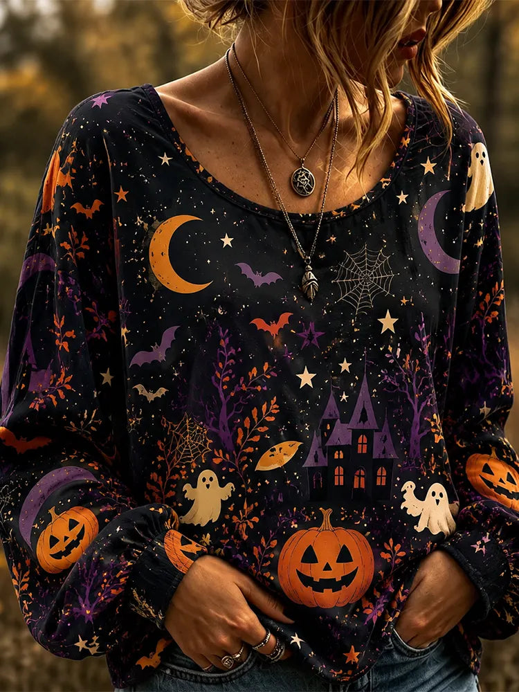 Women's Long Sleeve Crew Neck Pullover Top With Whimsical Halloween Occult Print: Ghosts, Haunted Castles, Pumpkins, And Spiderwebs