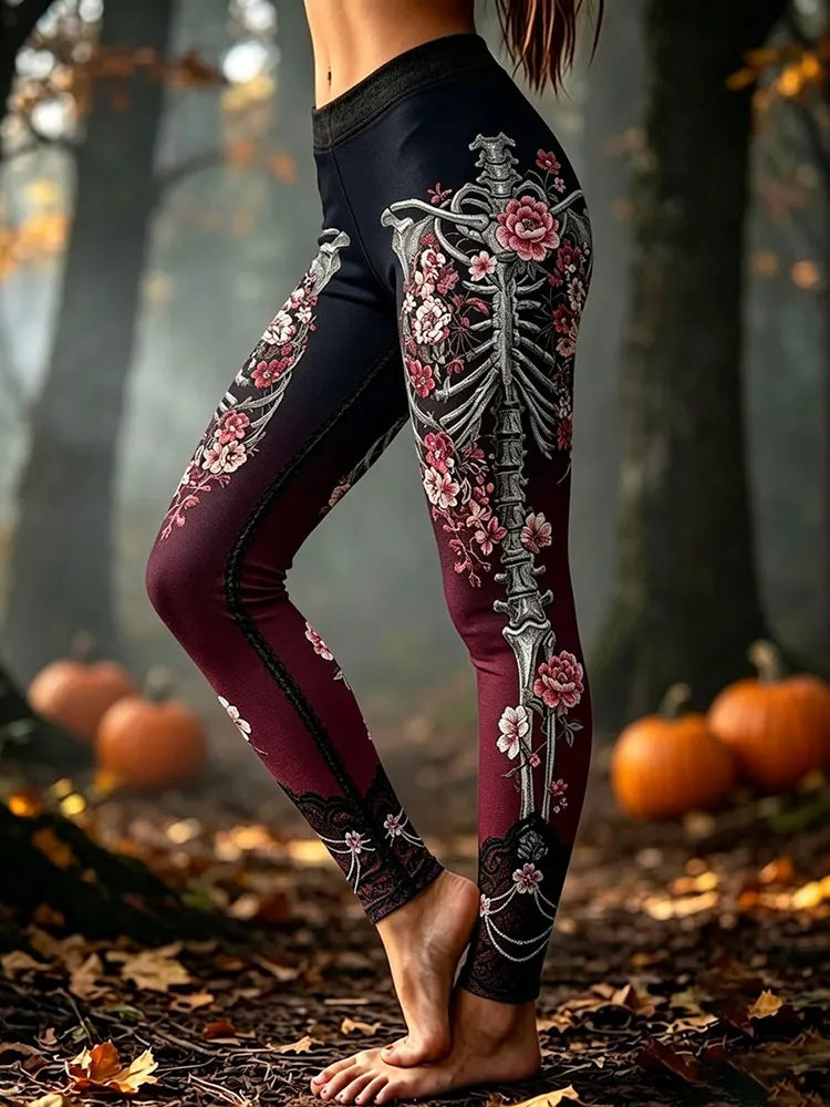 Women's Vintage Halloween Skeleton & Rose Lace Art Leggings