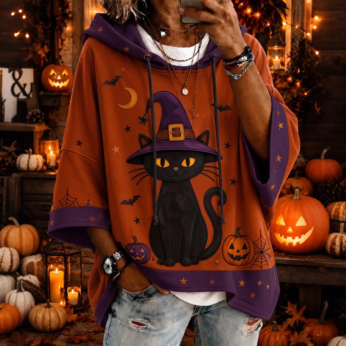 Women's Halloween Black Cat Art Print Casual Hoodie