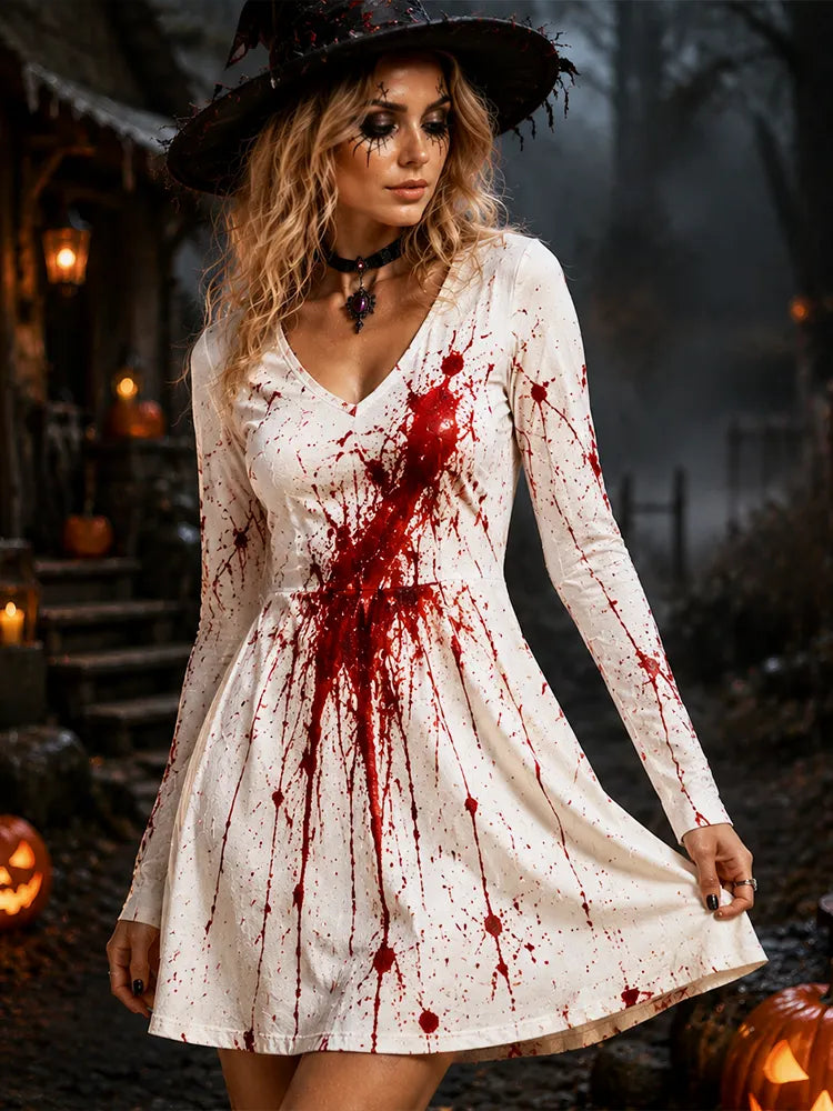 Women's Halloween Long Sleeve V-neck Dress - Horror Blood Splatter And Scary Costume Mini Dress