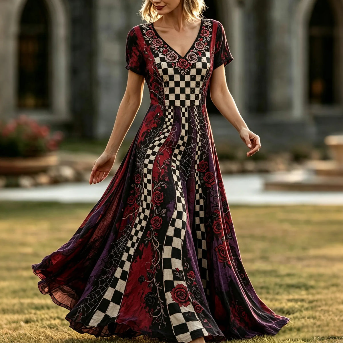 Women's Retro Halloween Plaid Floral Print V-neck Dress