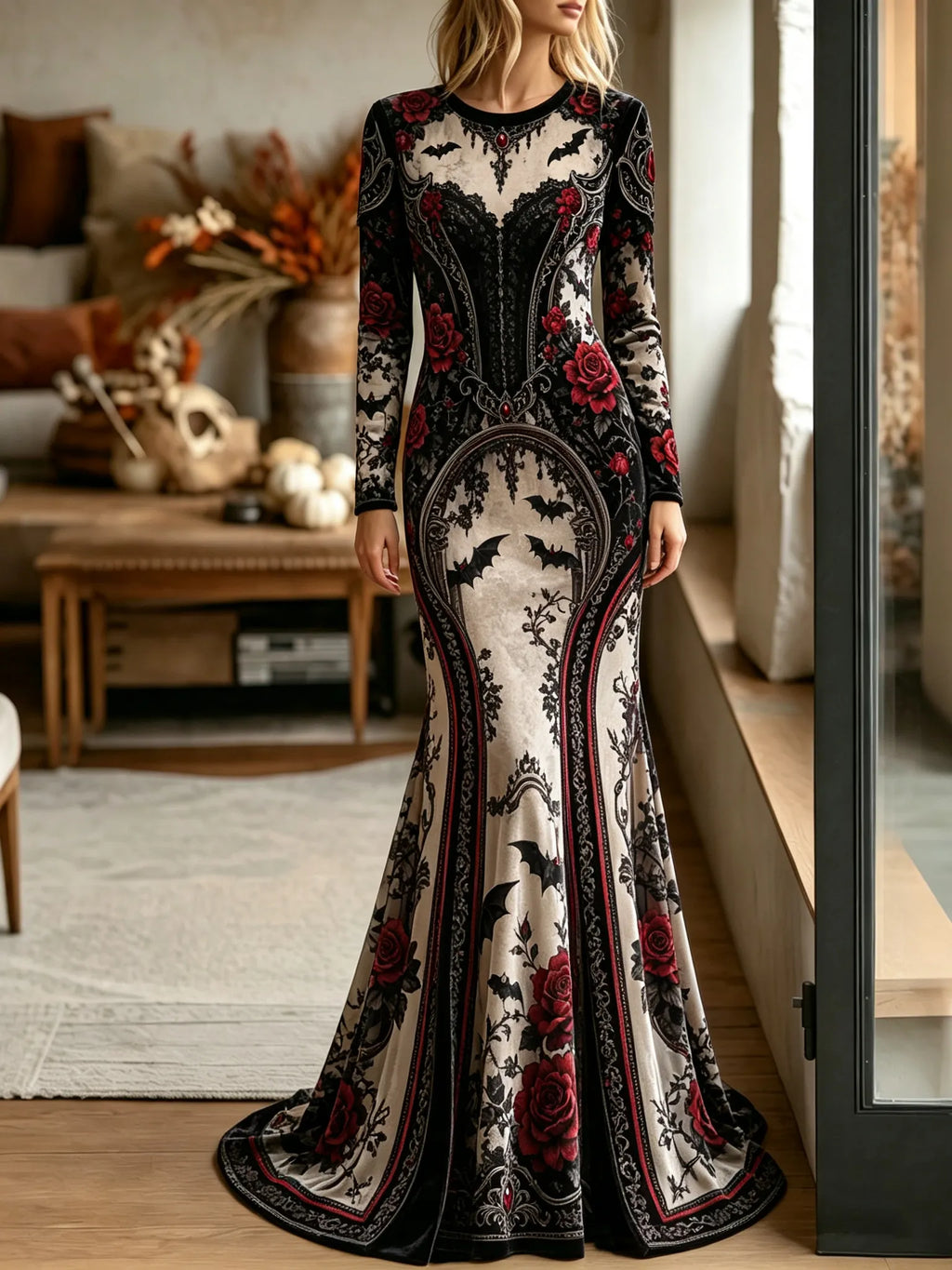 Women's Halloween Gothic Style Bat Red Rose Pattern Velvet Long Dress