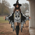 Women's Gothic Skeleton With White Roses Batwing Flare Sleeve Lace‐up Bodycon Dress – Halloween Costume