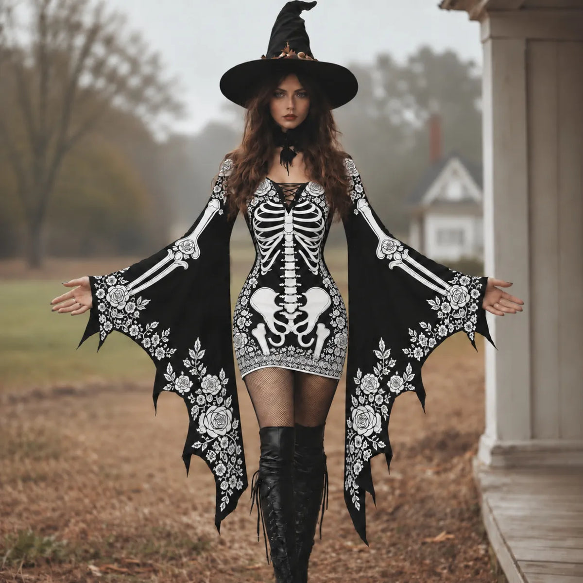 Women's Gothic Skeleton With White Roses Batwing Flare Sleeve Lace‐up Bodycon Dress – Halloween Costume